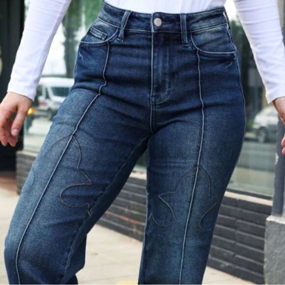 Judy Blue Dark Wash Denim with Brown Patch - Picture 1 of 12
